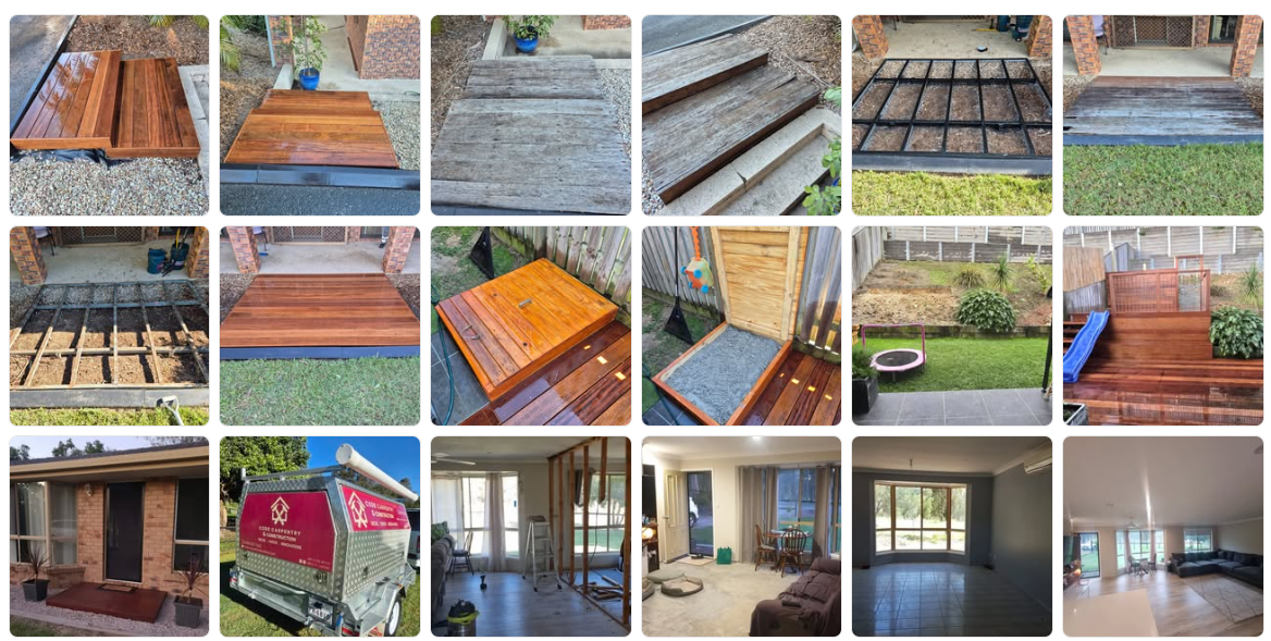 Collage of recent Code Carpentry projects including timber steps, small decks, access hatch, fencing, trailer signage, and interior renovations.
